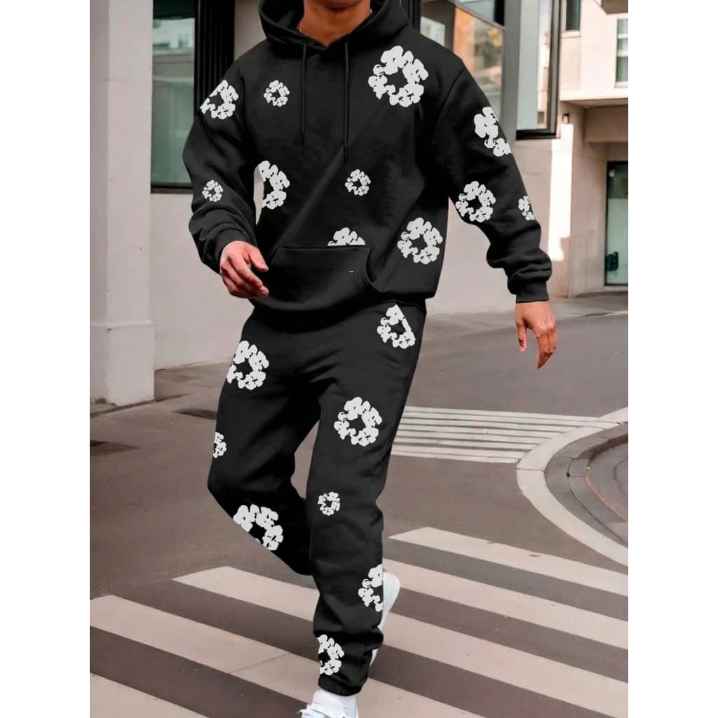 Conjunto Moletom Estilo Urbano Floral Alternativo Y2k Tendência Streetwear Algodão Rei