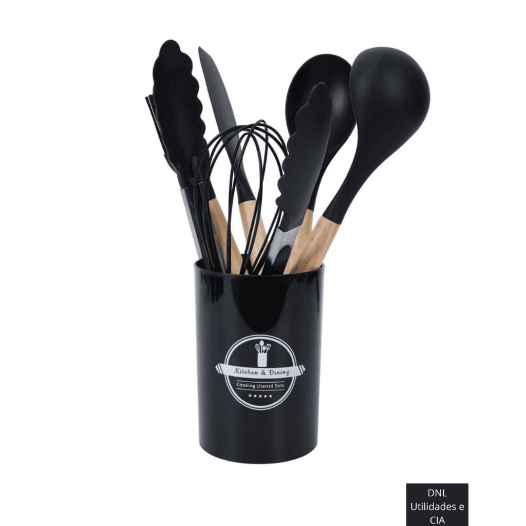 Kit Cozinha Utensílios Talheres De Silicone Com Cabo Madeira 7 Peças Nao Risca Panelas Moderno