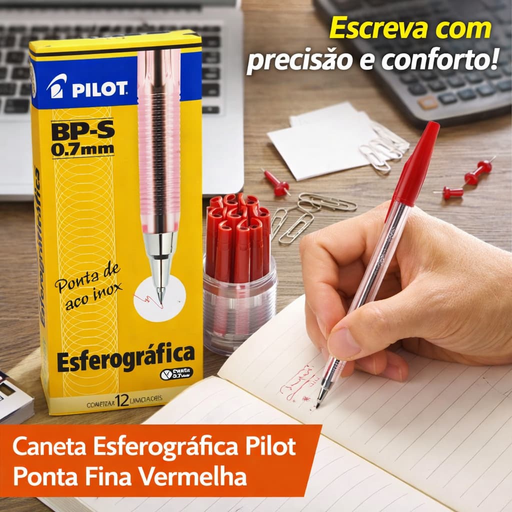 Caneta Esferográfica Pilot Vermelha 0.7mm caneta Ponta Fina BP-S cx c/12 un