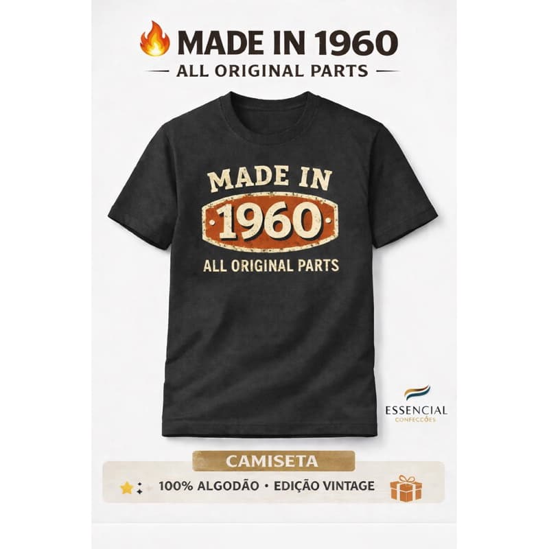 Camiseta Made in 1960 Vintage All Original Parts | Camisa Retrô Aniversário 1960 Unissex 100% Algodão