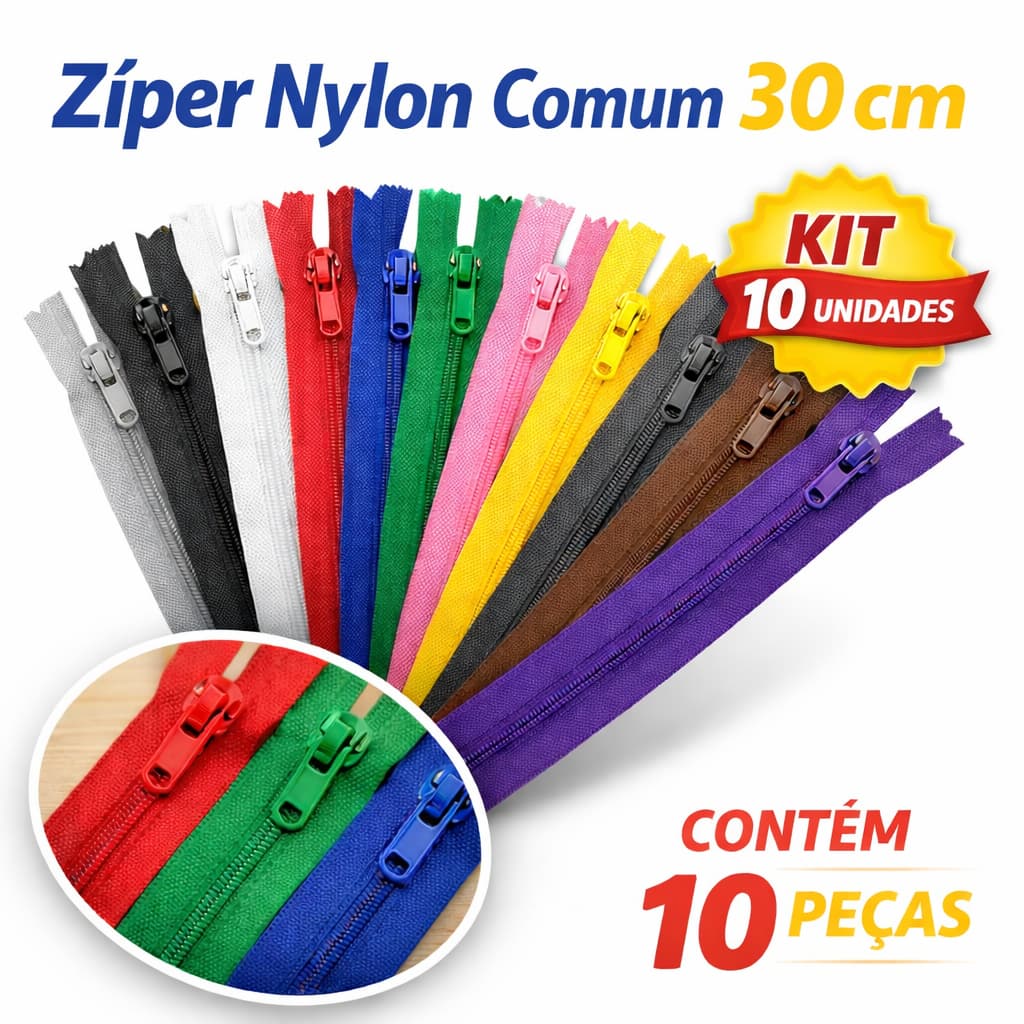 Zíper de Nylon Comum 30 CM - Cores Sortidas - Kit C/ 10 Unidades