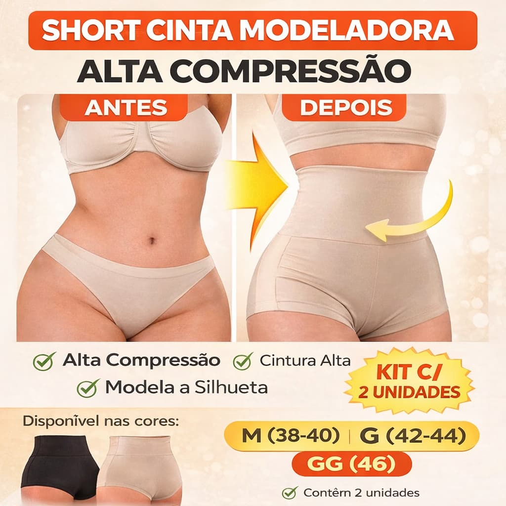 Kit 2 Shorts Cinta Modeladora Alta Compressão Cintura Alta Suplex Modela Barriga