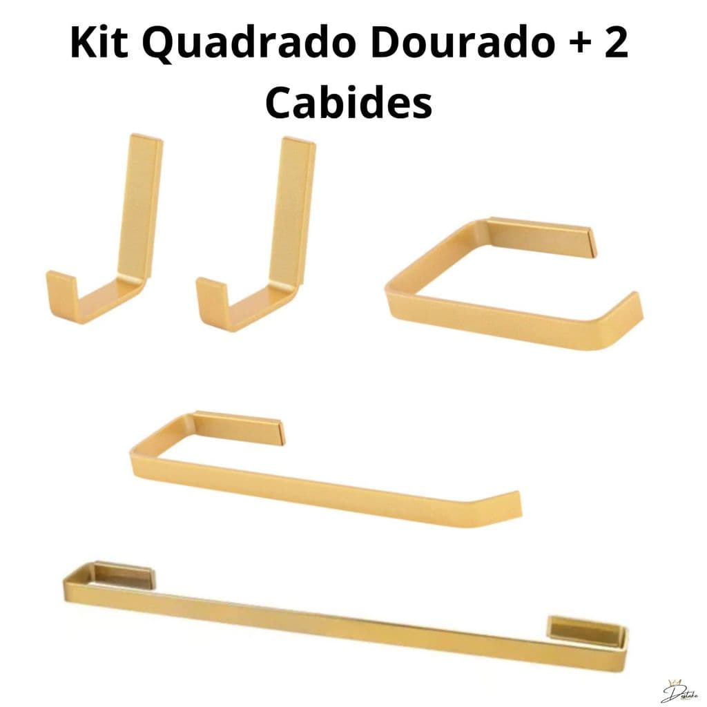 Kit Para Banheiro Dourado Quadrado com 2 Cabides para Toalha