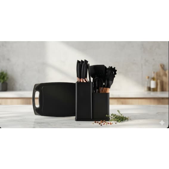 Kit essencial preto com tabua de corte 19 itens