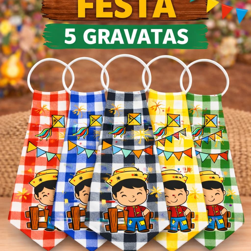KIT COM 5 Gravatas Juninas Infantil com Elástico Festa Caipira (Cores Sortidas)