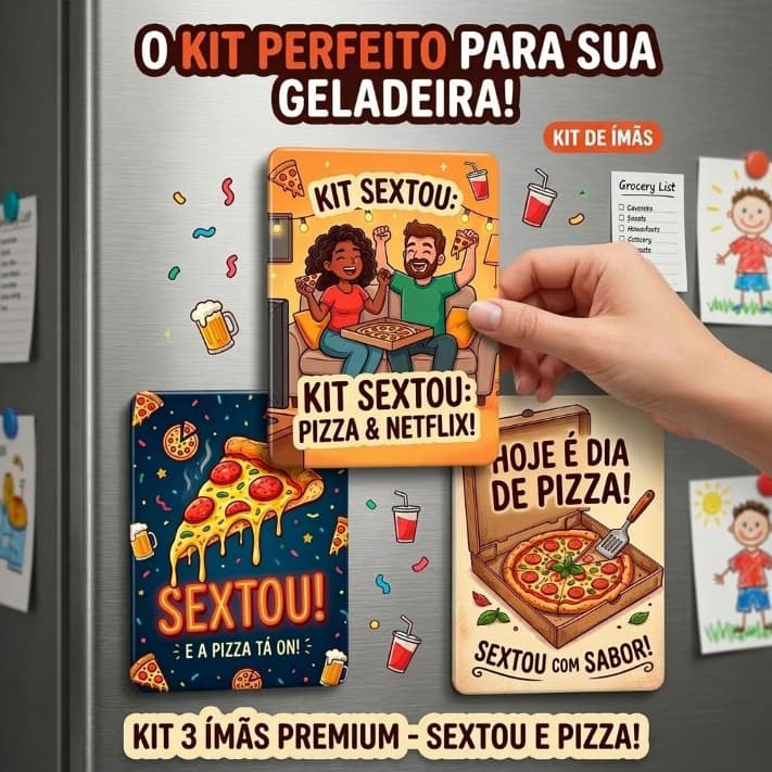Kit 3 Ímãs de Geladeira Decorativos - Sextou, Pizza e Netflix - Decoração Criativa e Geek Premium
