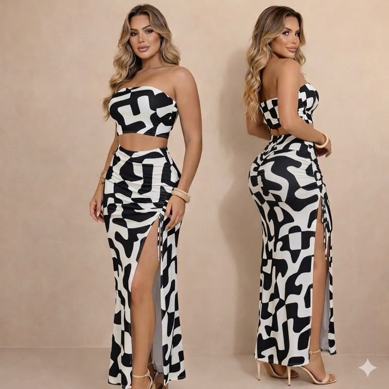 Conjunto Empina  Bumbum  Longo Feminino Estampado Saia com Fenda Lateral e Top Cropped