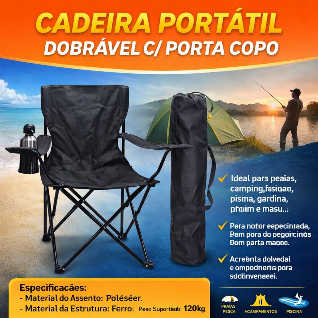 Cadeira Portátil Dobrável C/Porta Copo Para Camping e Pesca