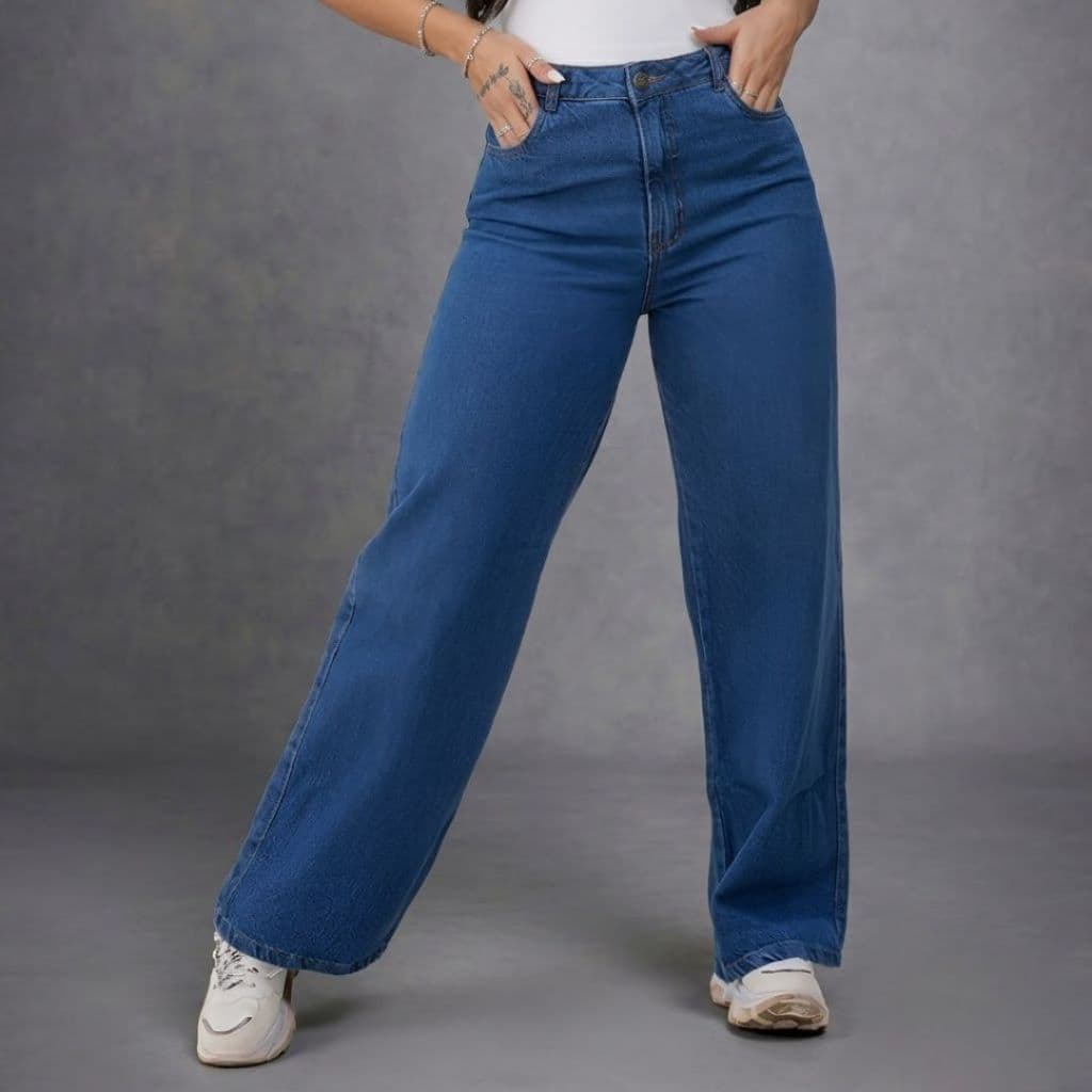 Calça Feminina Estilo Wide Leg Modelo Jeans Moda Cintura Alta Modelagem Premium