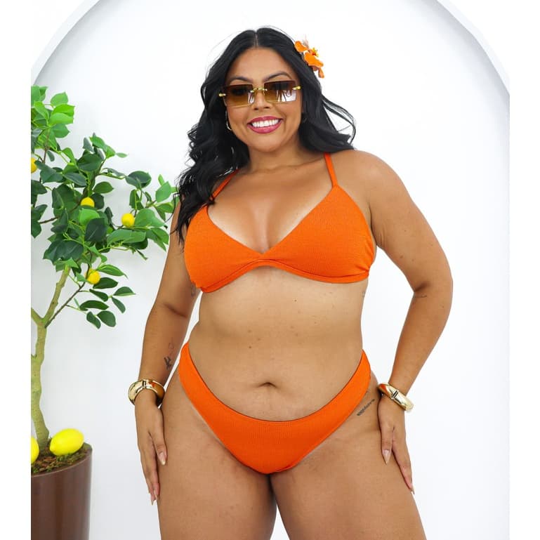 Biquíni Cortininha Coral Feminino com Calcinha Asa Delta Bela – Conjunto Moda Praia Verão Tendência