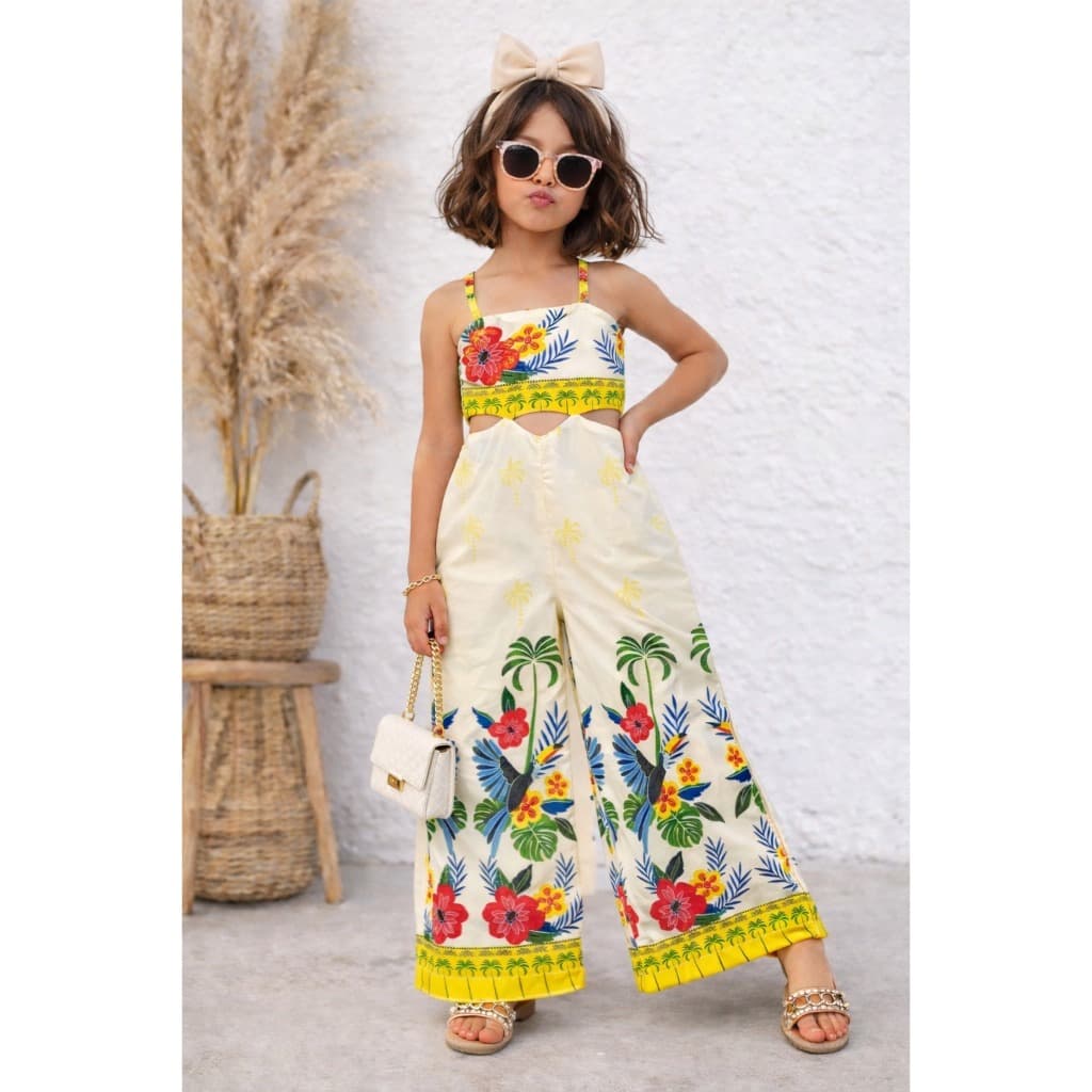 Macacão Longo Estampado Infantil Juvenil Blogueirinha Recorte Cintura Tecido Confortável Look Estiloso