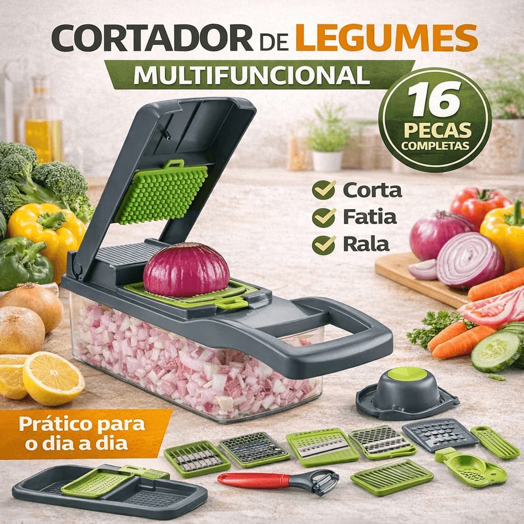 Ralador Cortador de Legumes 16 em 1 com Recipiente Fatiador Aço Inox Manual