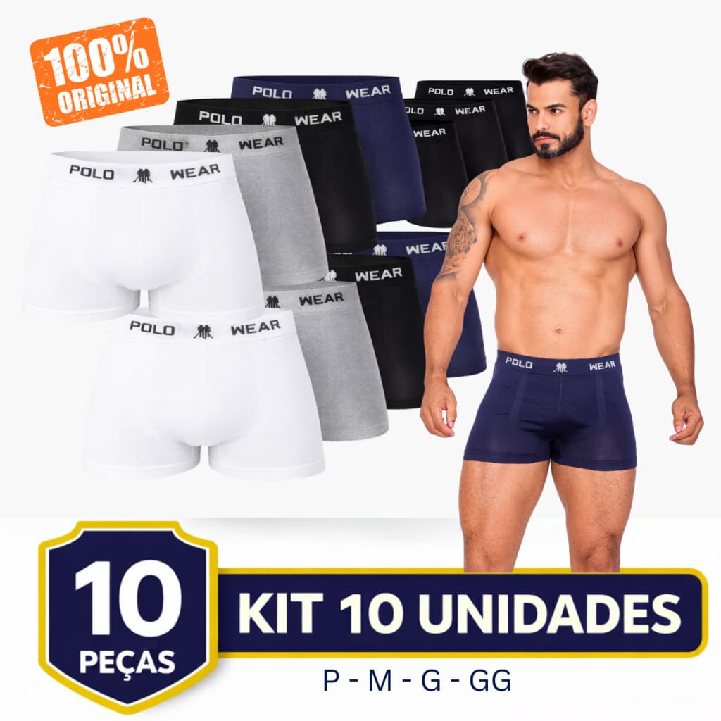 Kit com 10 Cuecas Boxer Adulto Polo Cós Elástico Sem Costura Microfibra Premium