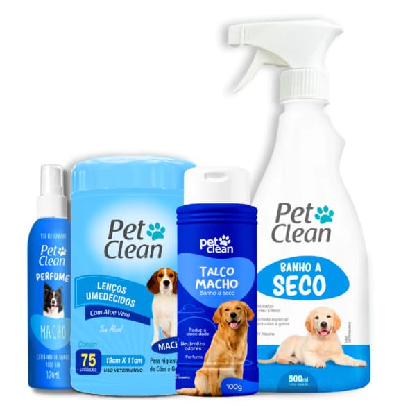 Kit Banho a Seco Sem Enxágue 500ml Talco 100g Lenço 75un Perfume 120ml Cachorro e Gato Pet Clean