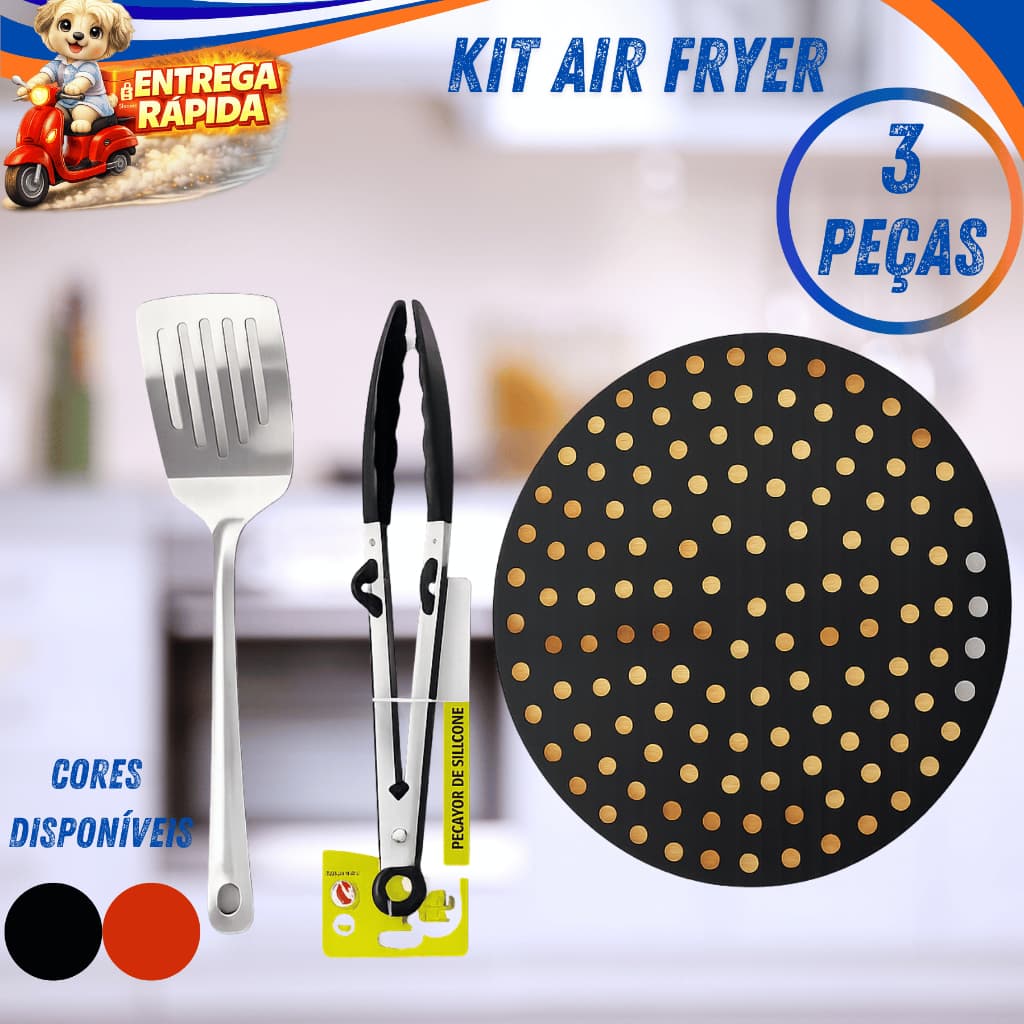 Kit Air Fryer Acessório Pegador Silicone Espátula Vazada Inox Forro Antiaderente Fritadeira Elétrica