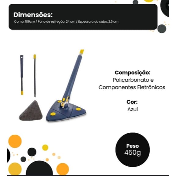 Mop De Limpeza Giratório 360° Triângular , com ele a limpeza é rápida, acesso a todos os cantos,