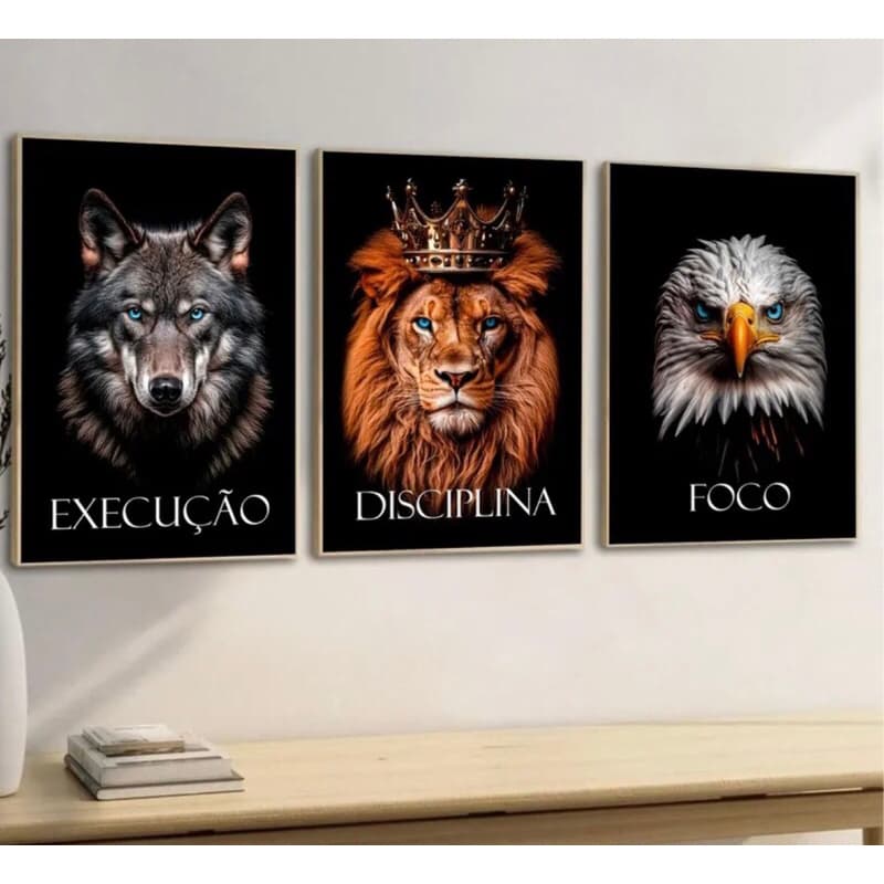 Kit 3 Quadros Motivação Escritório Lobo Leão Águia Frases Foco Disciplina Execução Mindset Sucesso