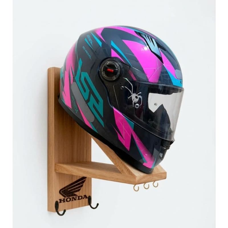 Suporte para Capacete/ fixação na parede/ com espaço para Jaquetas e Chaves - Edição Honda -  suporte de madeira