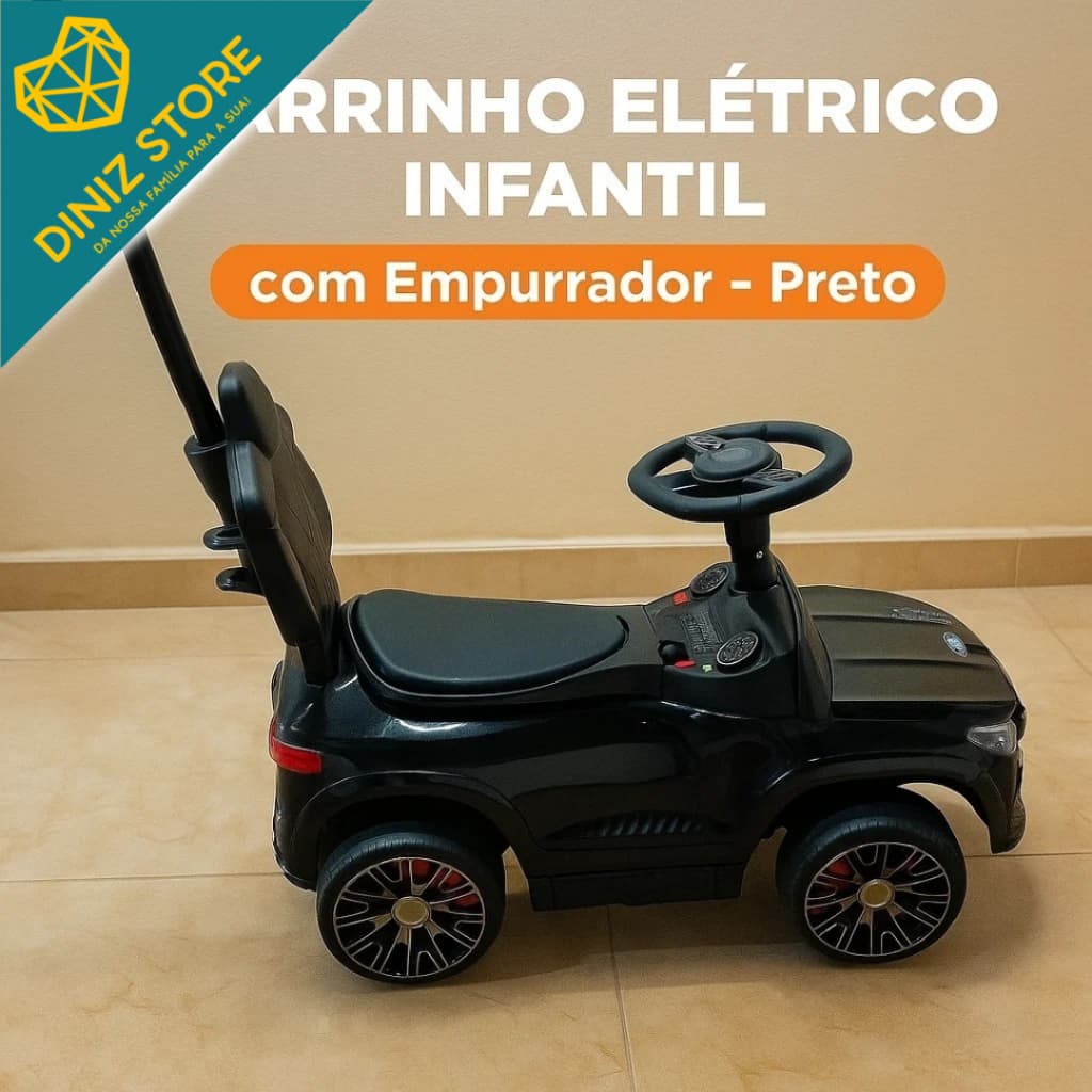 Carrinho Elétrico Infantil Empurrador Preto Mini Carro Alça Empurrar Bateria Recarregável Passeio