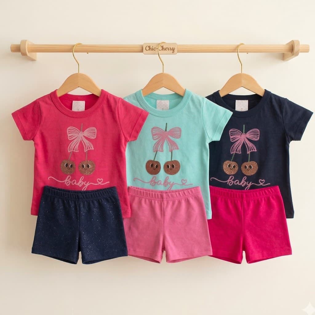 Conjunto Bebê Feminino Verão Blusa Algodão e Bermuda Ciclista  | 1 a 9 Meses