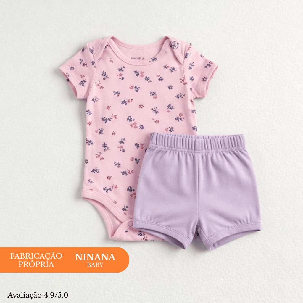 Kit 2 Peças 1 Body + 1 Shorts Manga Curta Menina Para Bebê Algodão Estampados P M G GG