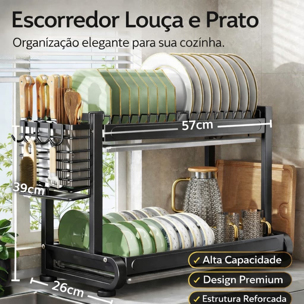 Escorredor Loucas 2 Andares Duplo Capacidade Alta Organizador Bancada Preto Fosco