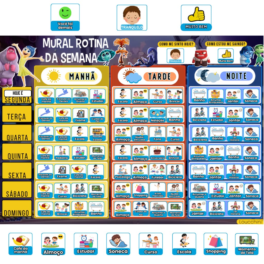 Quadro de Rotina Infantil Magnético "Divertidamente"  Organização Semanal (Menino)