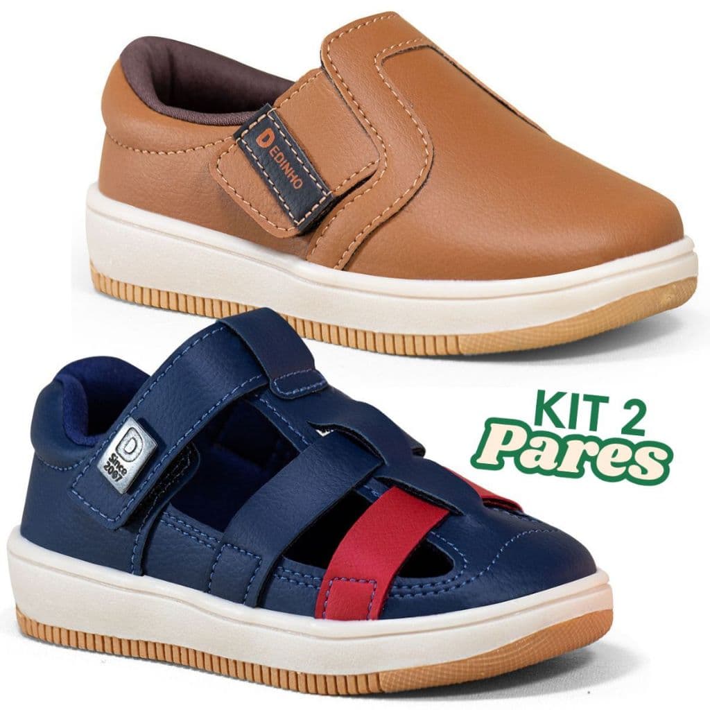 Kit 2 Pares Tênis Infantil Menino Calce fácil e Sandatênis Confortável Marinho Preto Caramelo