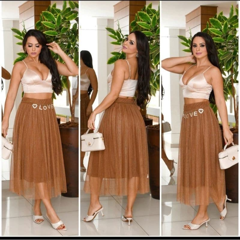 Saia Tule Brilho Glitter Moda Evangélica Feminina Midi Elegante para Culto e Eventos