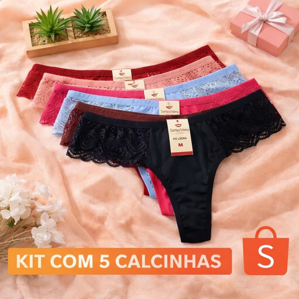 Kit 5 Calcinha Fio Dental Com Renda Alice Confortável Dia a Dia