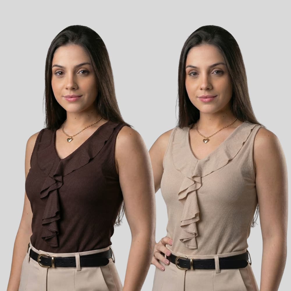 KIT 2 Blusa Regata Feminina Premium Tendencia Babado Elegante Ribana