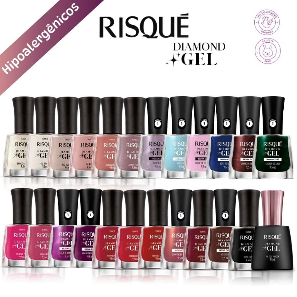 Esmalte Diamond Gel Risqué Kit com 23 cores + 1 Top Coat Hipoalergênico