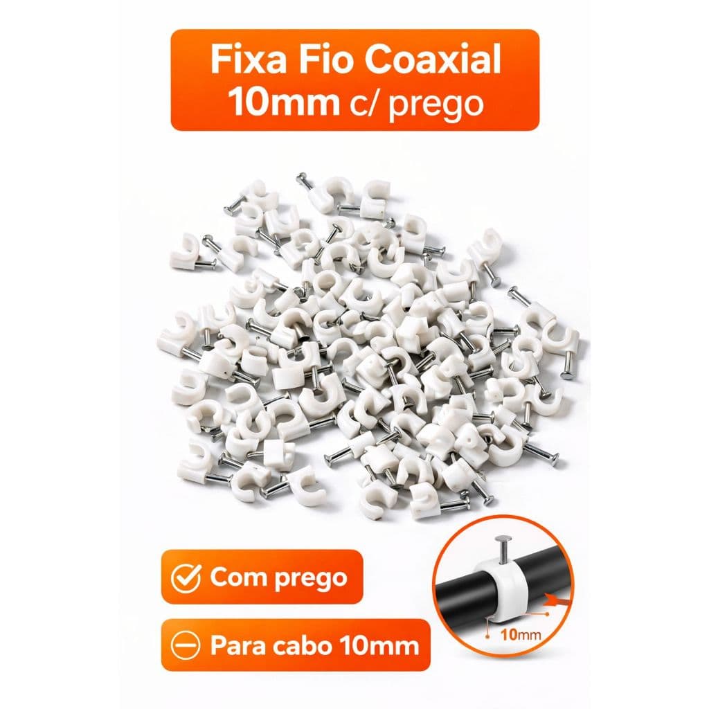Fixa Fio Coaxial Grampo Miguelão RG59 10mm Prego Clip Cabo Organizador Presilha Parede Organizador