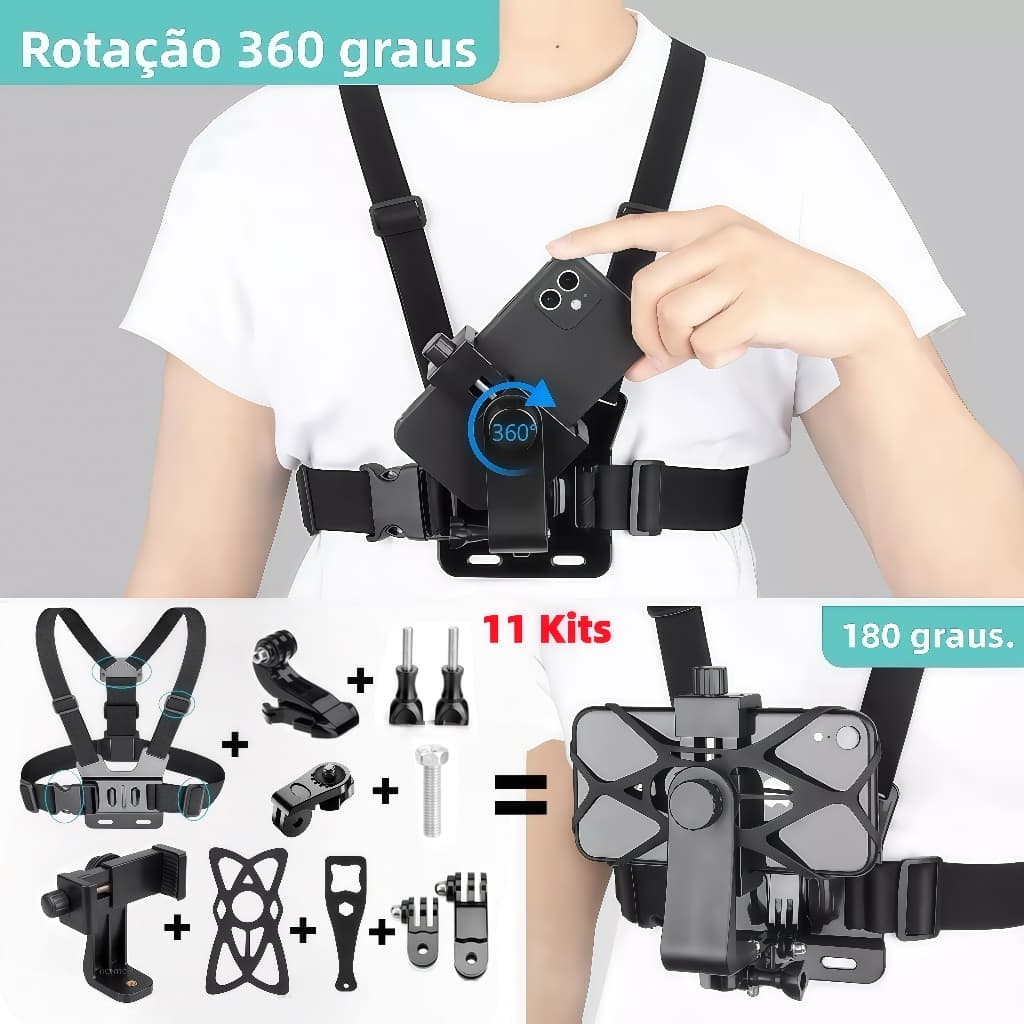 (11 kits)Suporte de Peito Para Celular e Gopro Peitoral Peito ajustável Câmera Esportivo Moto Bike