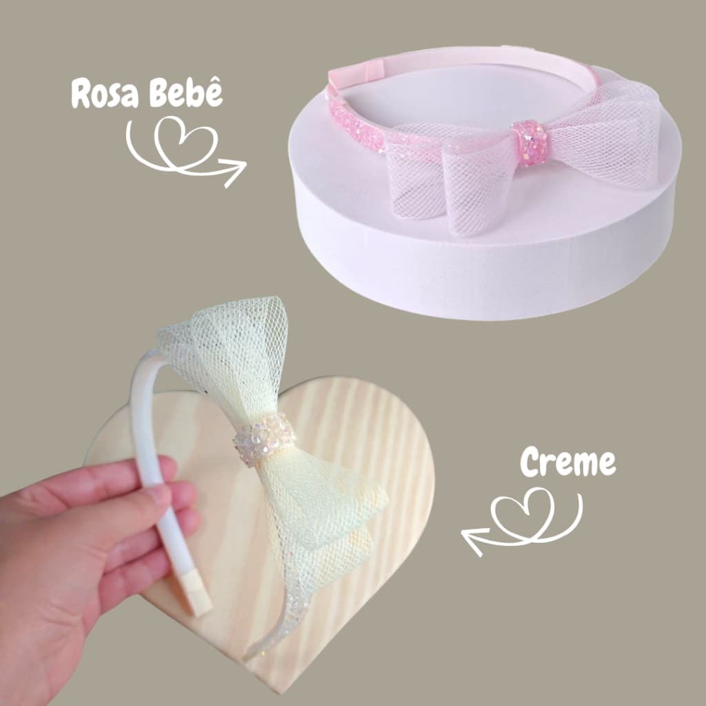 Kit Creme e Rosa Bebê - Tiara infantil de Cabelo Menina - Arco de cabelo - Tiara com Laço de Tecido Crinol