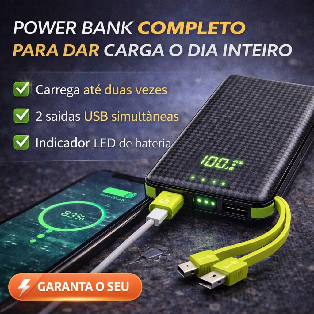 Carregador Portátil Power Bank 10000mAh 2 USB LED Bateria Externa para Celular