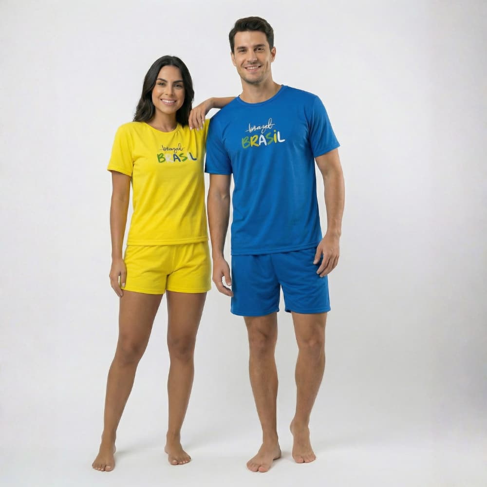 Kit Casal Pijama Copa do Mundo Brasil Conjunto Namorados Azul e  Amarelo Confortável