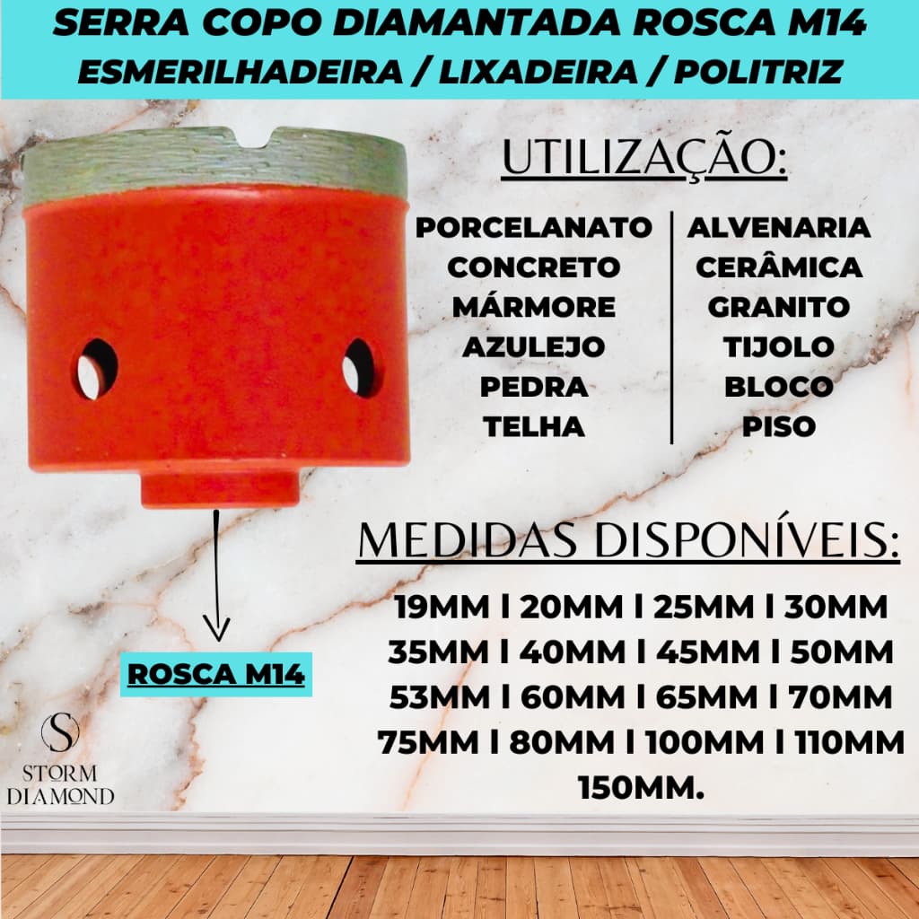 Broca Diamantada 19/25/30/35/40/45/53/60/65/70/80/100/110mm Concreto Parede Rosca M14 Esmerilhadeira