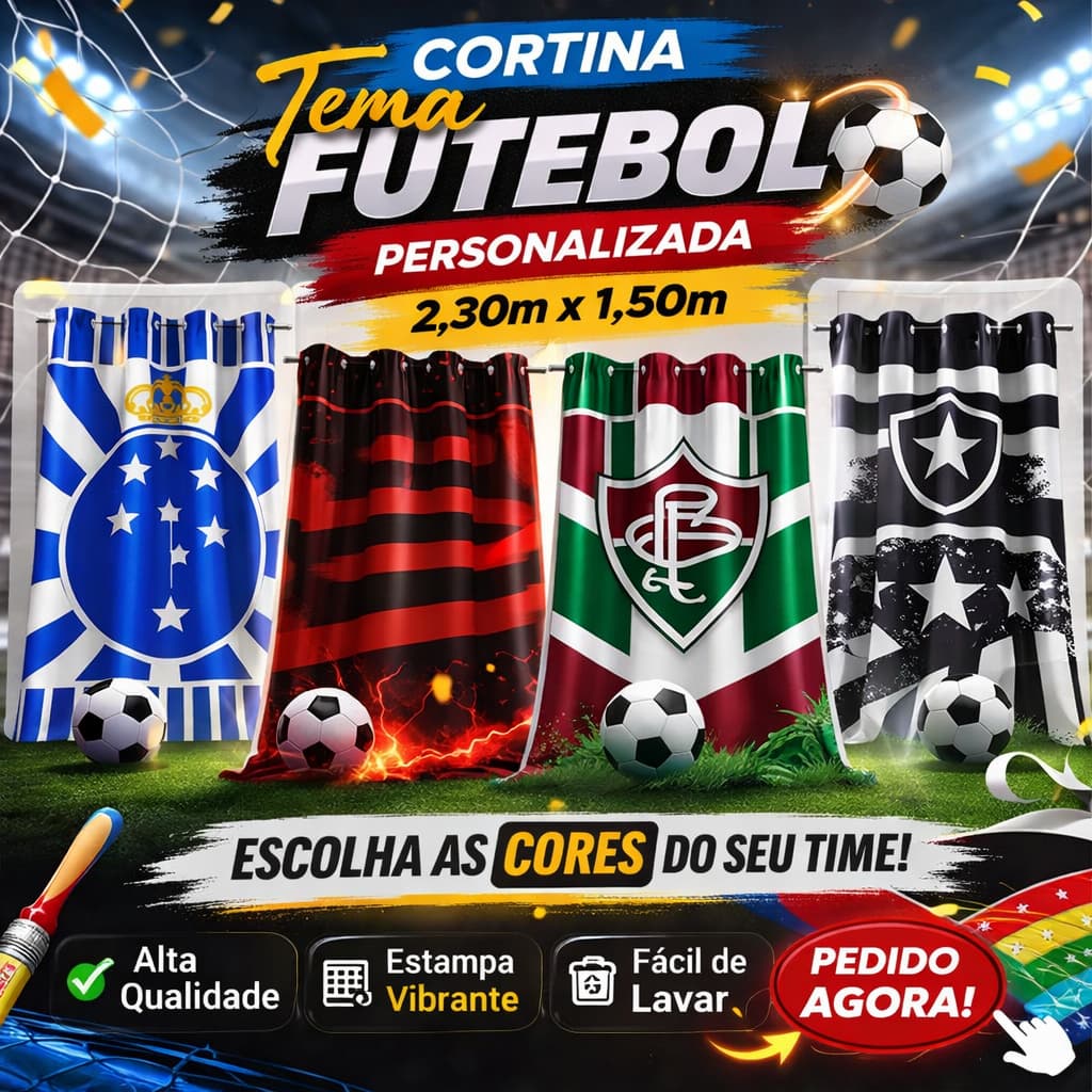 Cortina Time Futebol Personalizada 2,30x1,50 – Estampa Esportiva Quarto Sala– Escolha as Cores