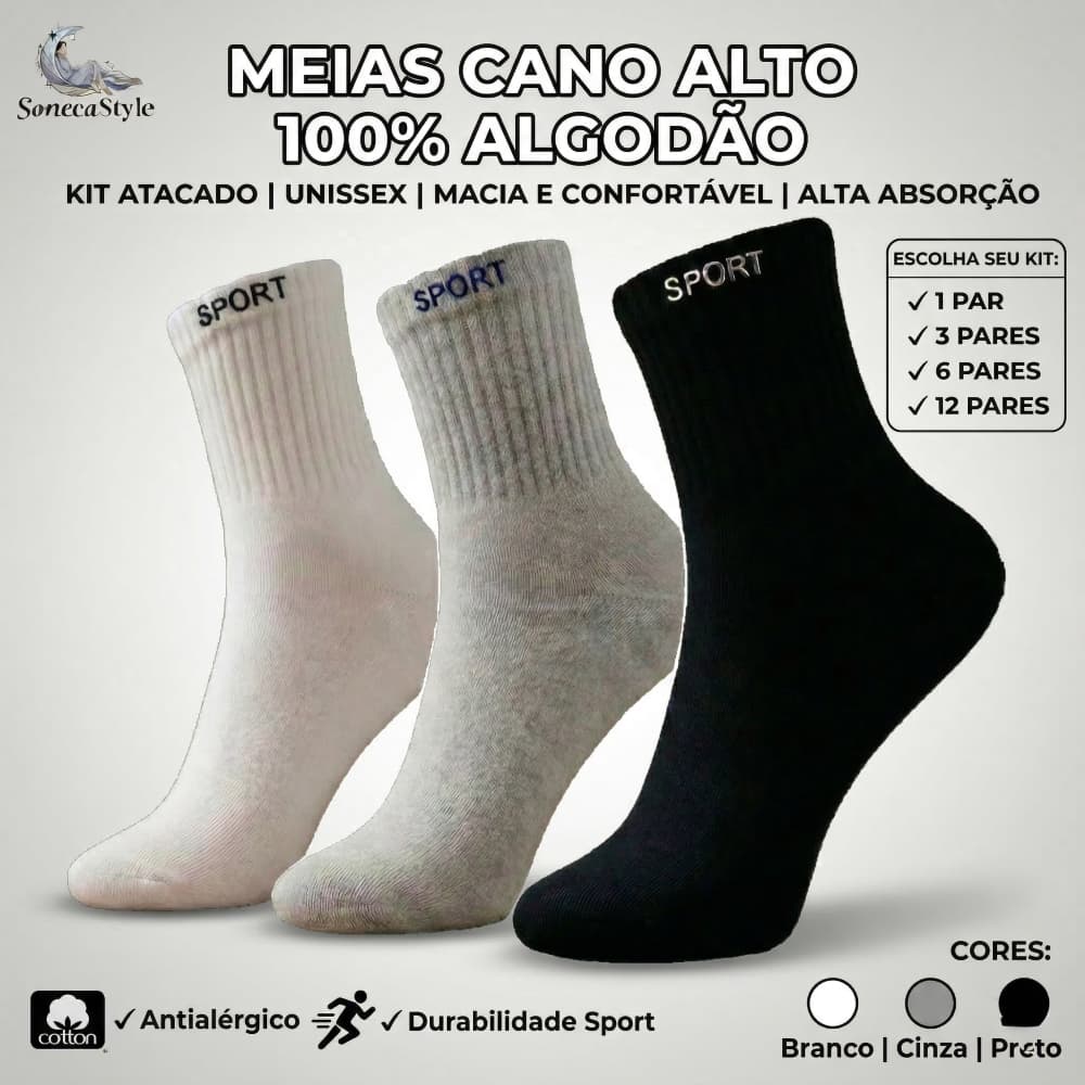 Kit Meia Cano Alto 100% Algodão 1 a 12 Pares Masculina Feminina