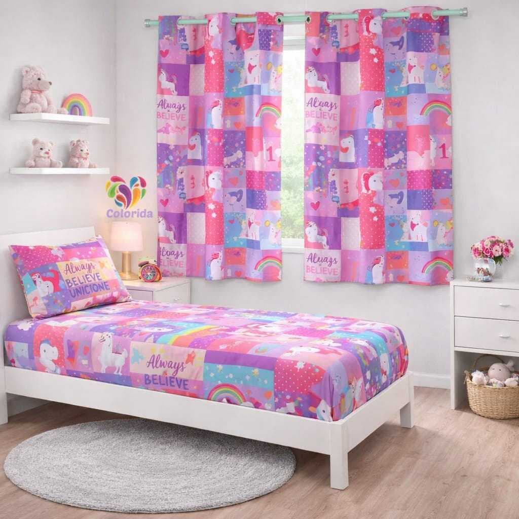 Kit Cortina Decoração Quarto Infantil + Jogo De Lençol Solteiro Menino/Menina