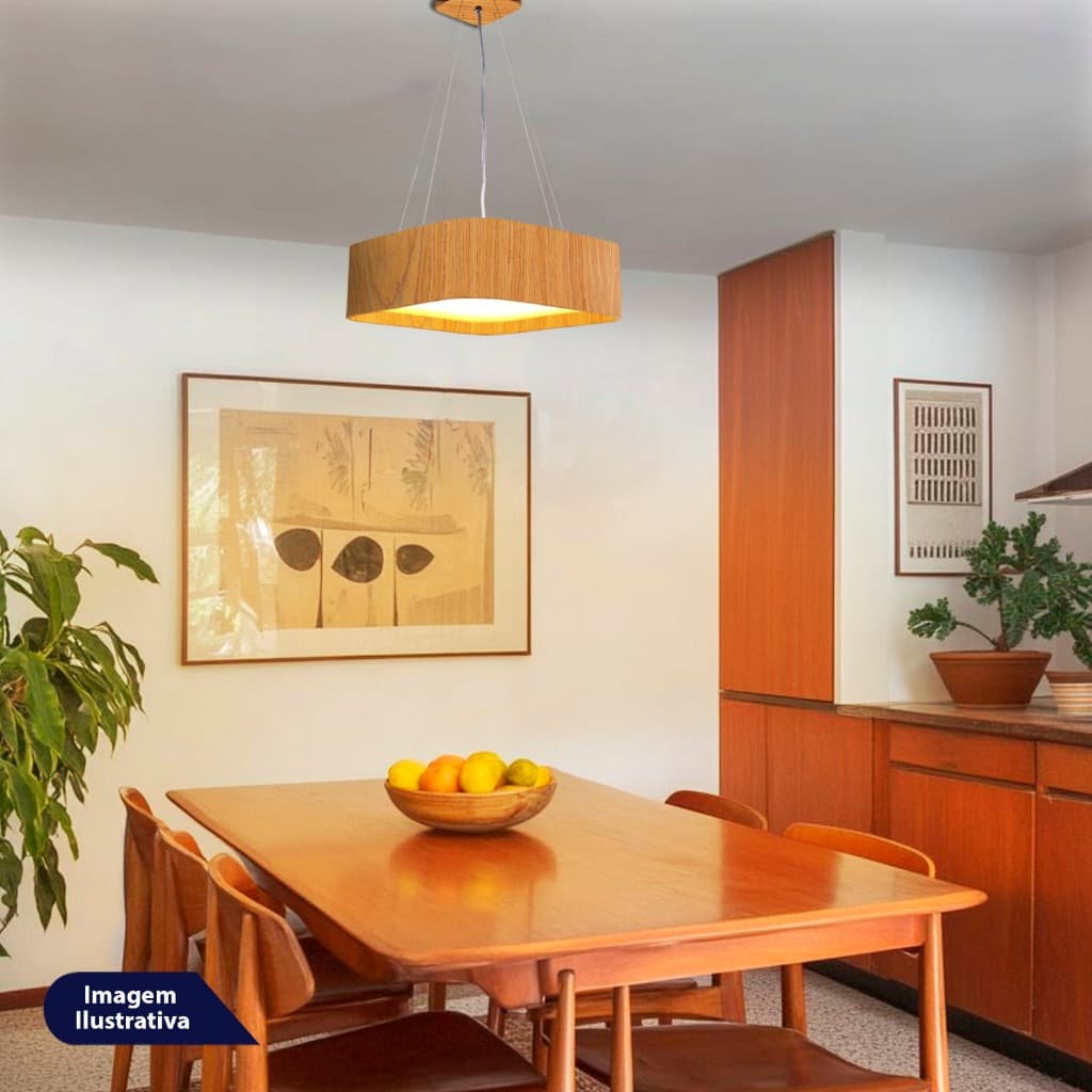 Lustre Pendente Madeira Quadrado Arredondado 40x40cm | Iluminação Moderna Elegante