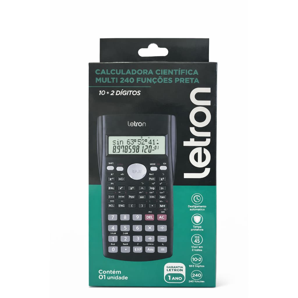 Calculadora Científica Letron 240 Funções 10+2 Dígitos com Tampa Protetora e Desligamento Automático