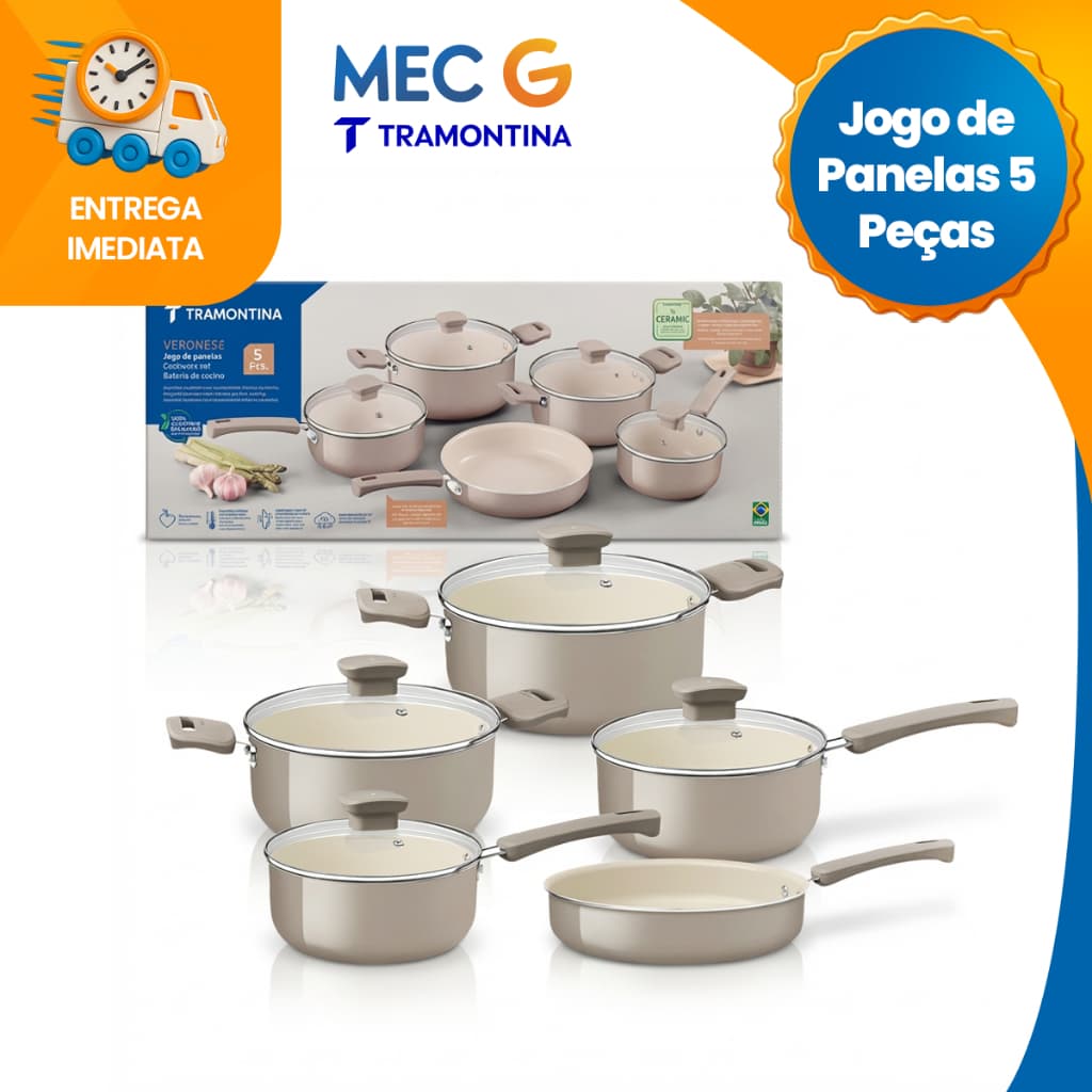 Jogo De Panelas Cerâmica Tramontina Veronese 5 Peças Antiaderente Bege