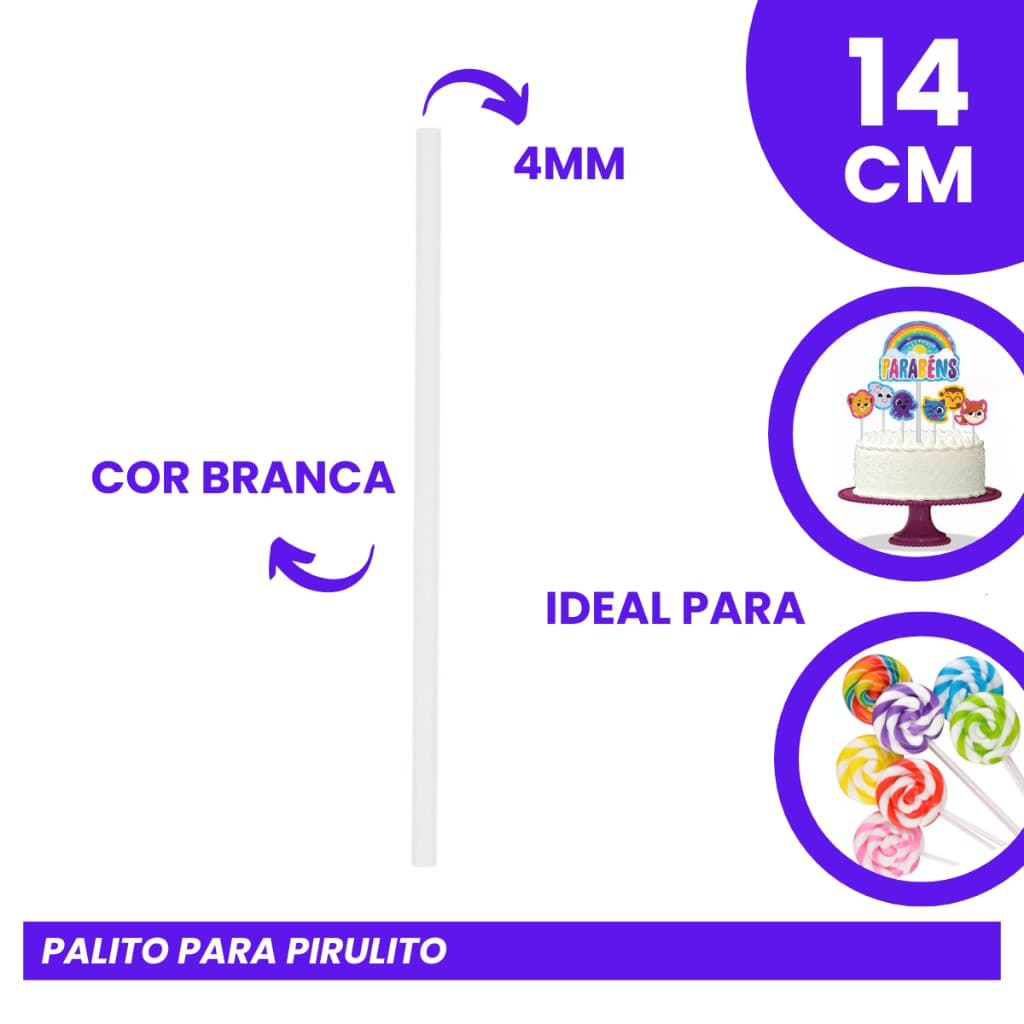 Palito Pirulito 14cm 4mm Branco Cake Pop Pirulito Chocolate Confeitaria Topo de Bolo