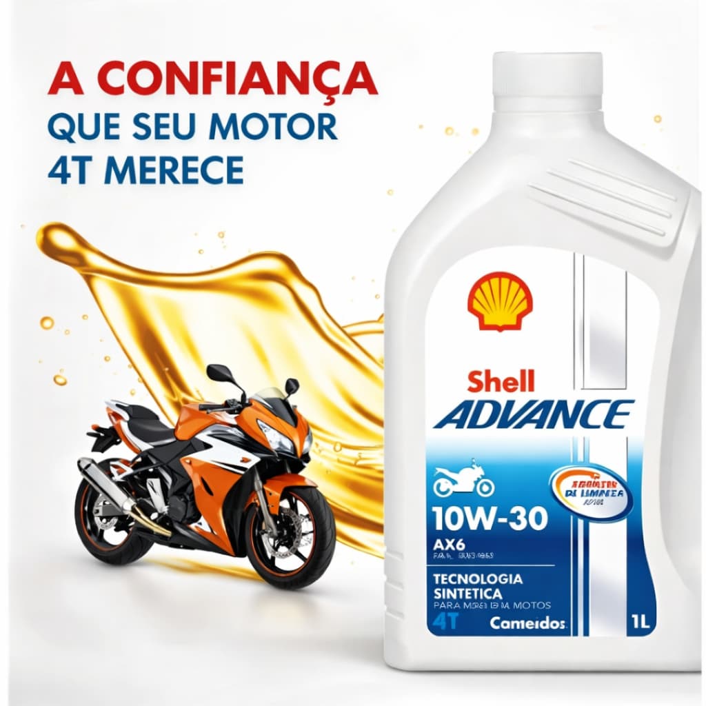 Óleo Lubrificante Shell Advance 4T AX6 10W-30 para Moto 4 Tempos 1 L  API SL JASO MA2 Desempenho e Proteção