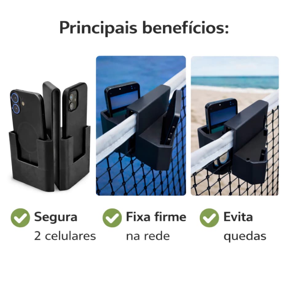 Suporte Duplo De Celular Pra Rede - Filmar Jogos de Beach Tennis, Tennis, Vôlei, Badminton