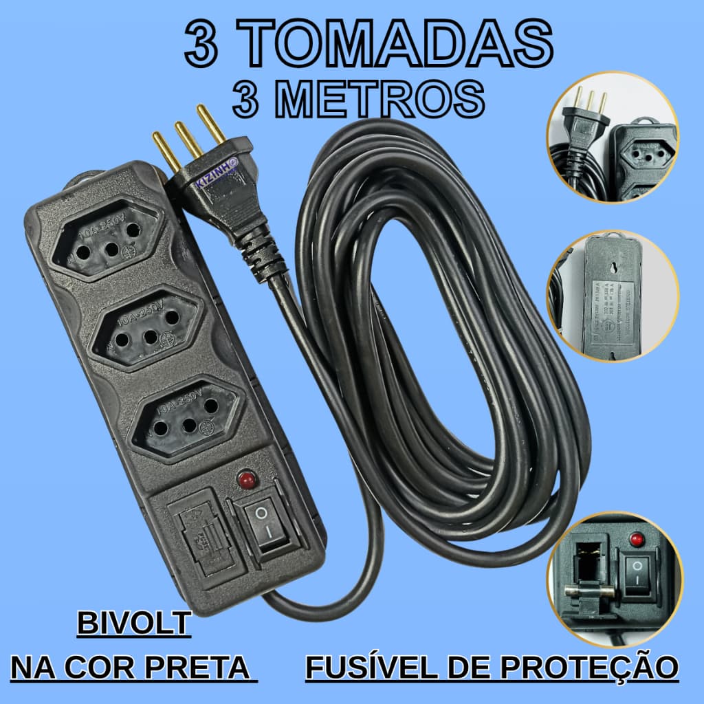 Filtro de Linha 3 Tomadas Tripolar 10A 3 Metros Cabo + Régua Bivolt Fusível de Proteção – Preto