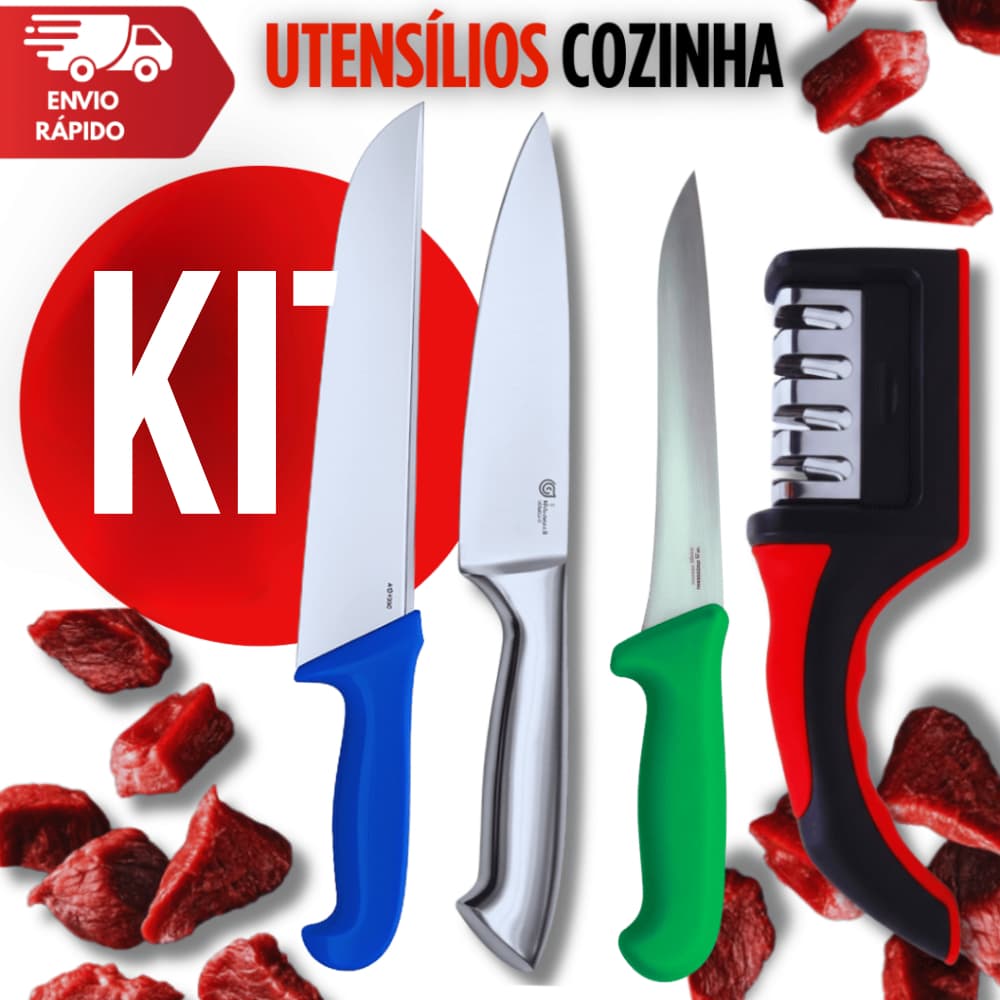 Jogo de Facas com Afiador Amolador 4 Unidades - Faca desossa Verde Faca Peixaria Texas Faca Profissional Azul Premium