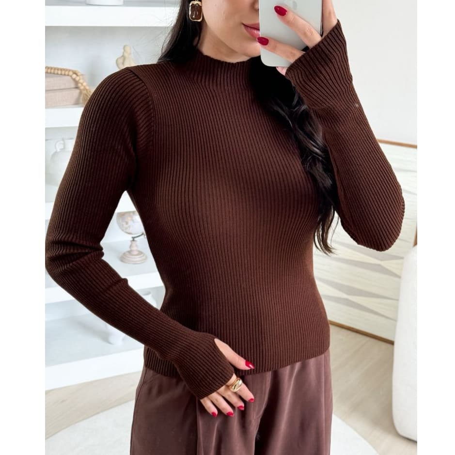 Blusa Básica Tricot Canelada FemininaGola Alta Com Detalhe no Dedo Modal Premium Coleçao Inverno